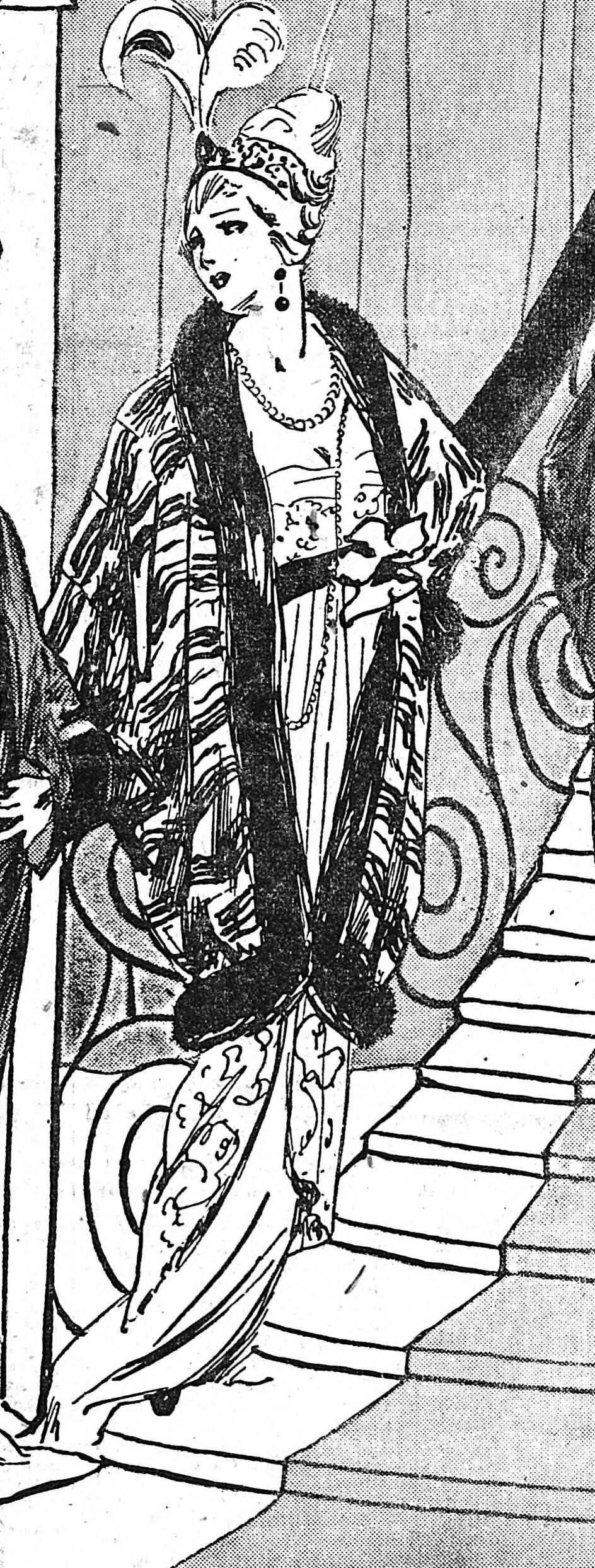 Illustration en noir et blanc, avec une femme ayant notamment une veste blanche avec des rayure noir
